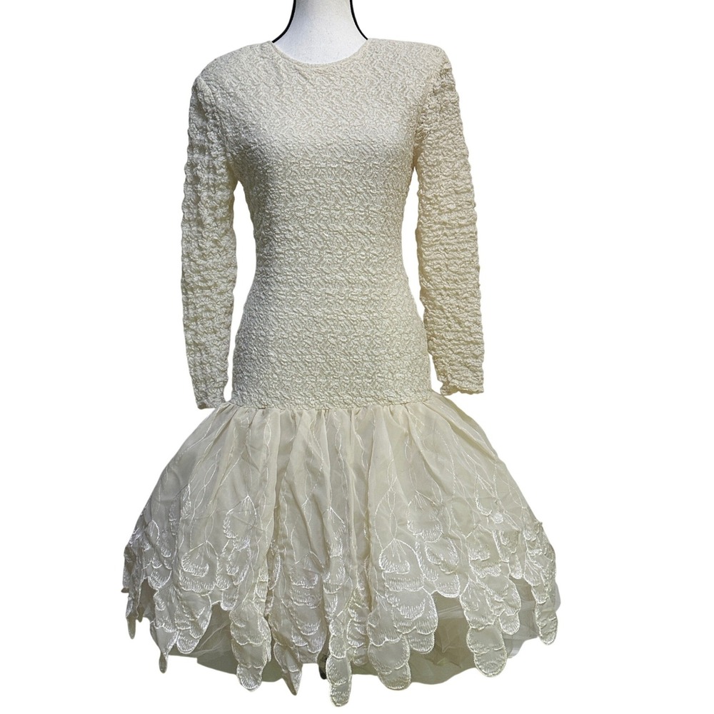 Cache VTG 80s 90s Popcorn Lace Drop Waist Tulle Dress 6 Cream Wedding Balletcore